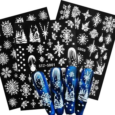 #ad 5D Christmas White Snowflakes Embossed Nail Sticker Acrylic Flowers Decoration C $10.81