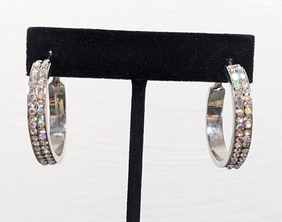 #ad Aurora Borealis Rhinestone Silver Tone Hoop Pierced Earrings $6.99