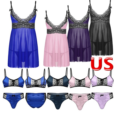 #ad US Men#x27;s Sissy Lingerie Crossdresser Nightwear Sheer Lace Chemise Mini Teddy $9.37
