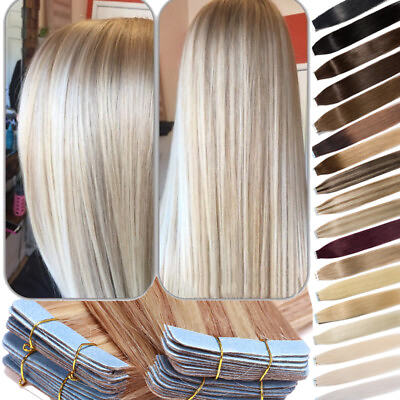 #ad 60PCS Tape In Russian Remy Thick Human Hair Extensions Skin Weft Straight 150g F $198.29