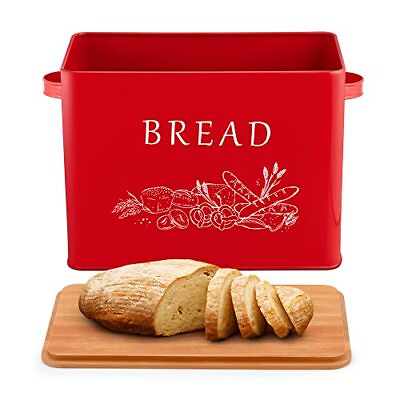 #ad Red Bread Box with Bamboo Lid for Kitchen Countertop Large Farmhouse red $40.61