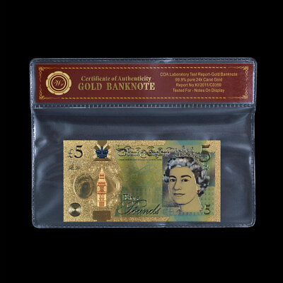 #ad WR UK Britain £5 Pounds Color Gold Banknote Queen Elizabeth II Note w Sleeve $4.88