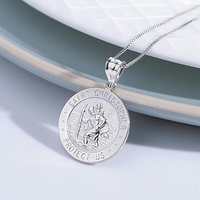 #ad 925 Sterling Silver 20MM Saint Christopher Religious Pendant Necklace 16quot; 24quot; $15.99