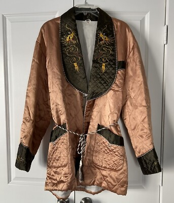 #ad 1950s Vintage Japanese Quilted Silk Smoking Jacket Size L Sold As Is $169.99