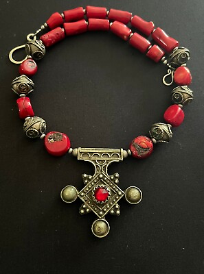 #ad Red coral Boghdad Morrocan southern Berber cross amp; African Bead Tuareg necklace. $157.25