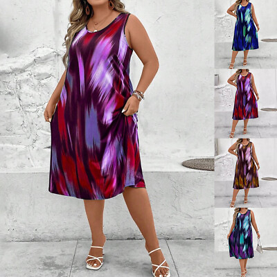 #ad Plus Size Womens Tie Dye Tank Dress Ladies Round Neck Loose Sleeveless Sundress $22.03