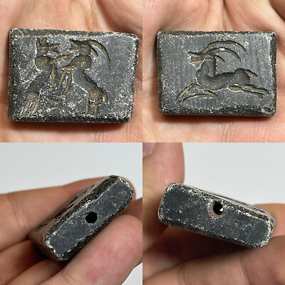 #ad Wonderful Old Black Intaglio Stone Both Side Animal Depicting Unique Seal Bead $40.00