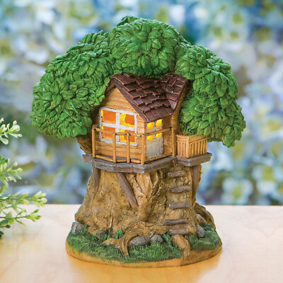 #ad Solar LED Tree House Statue Miniature Fairy Garden Sculpture Outdoor Yard Decor $34.98