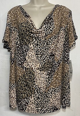 #ad NWT Notations 2X Tunic Top Brown Animal Print Short Sleeve Cowl Neck Stretch $15.75