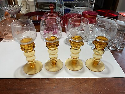 #ad Set of 4 Wine Glass Goblets Clear etched w Ornate colored Stems $28.00