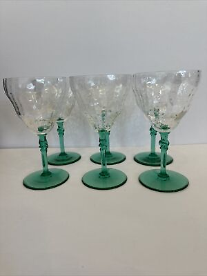 #ad 6 RARE 1930 Vintage Uranium Federal Glass Green Wine Goblet Stemmed Glasses $120.49