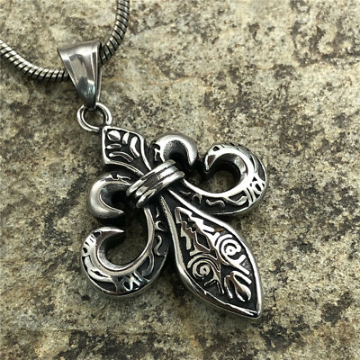 #ad Mens Fashion Stainless Steel Fleur De Lis Pendant Necklace Jewelry Chain Gift $10.99