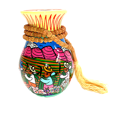 #ad Mexican Folk Art Vase Harvest Festival w Mariachi Band Craft Pottery 5quot; colorful $23.75