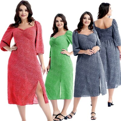 #ad Women Square Neck Split Midi Dress Floral Print 3 4 Sleeve Shirred A Line Summer $14.99