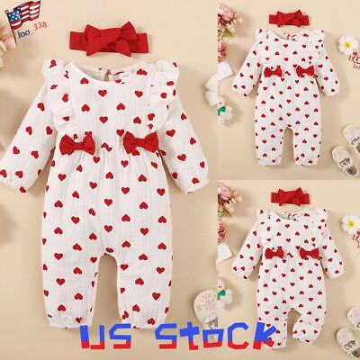 #ad Newborn Baby Girls Long Sleeve Heart Romper Jumpsuit Beadband Clothes Outfit $18.09