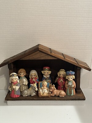 #ad Vintage Nativity Set Nine Porcelain Bisque Figurines And Wooden Stable $37.50