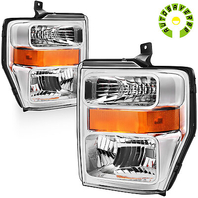 #ad Headlights for 08 10 Ford F 250 F 350 F 450 Super Duty Chrome Amber Headlamp Set $79.99