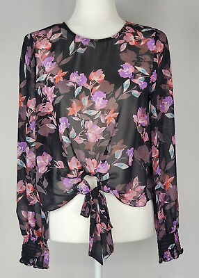 #ad NEW Bar III Top S Womens Floral Purple Smocked Long Sleeve Tie Front Blouse $15.00