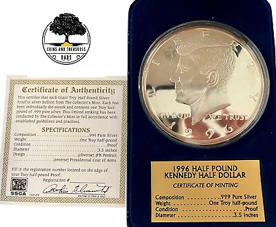 #ad .999 Silver 1996 Half Pound Silver Kennedy With COA $300.00
