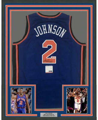 #ad FRAMED Autographed Signed LARRY JOHNSON 33x42 New York Blue Jersey PSA DNA COA $399.99