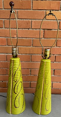#ad Pair Vintage Ceramic Lamps Chartreuse Gold Swirl Mid Century Modern MCM Lighting $375.00