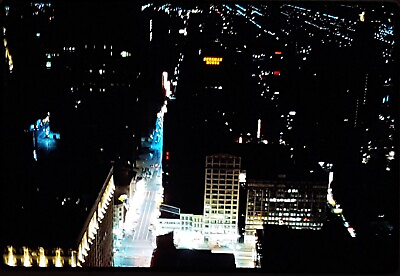 #ad 1965 Aerial Skyline Night View Sherman House Chicago Kodachrome 35mm Slide $3.50
