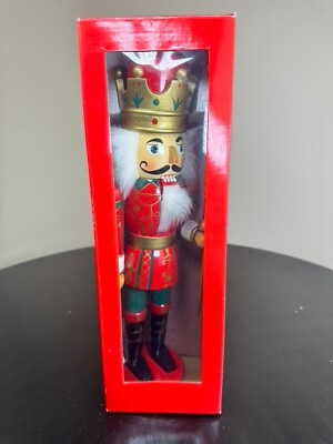 #ad Vintage Christmas Nutcracker King Crown Sword 15quot; Red Green Gold Wooden W Box $34.25