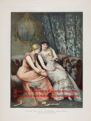 #ad Fashion Ladies Compare Dance Card at Elegant Ball 1880s Antique Color Print $79.95