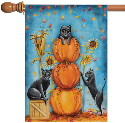 #ad Toland Harvest Cats 28x40 Fall Autumn Leaves Kitty Cat Halloween House Flag $15.98