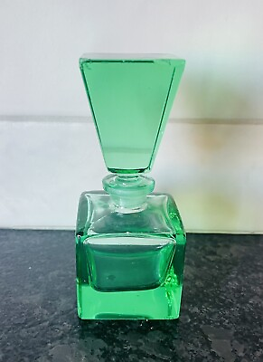 #ad MCM Emerald Glass Perfume Bottle Vanity Art Deco Style Glass Square Design $28.00