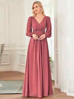#ad 2023 Evening gown lantern sleeve V neck A line chiffon belt dress $118.19