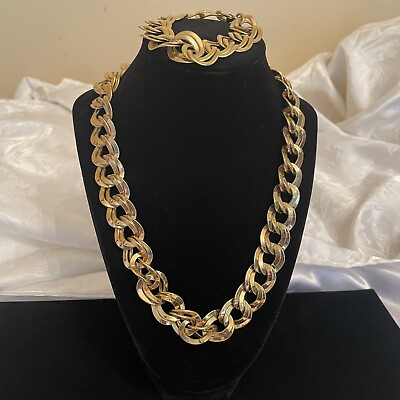 #ad Vintage Gold Tone Double Link CHAIN NECKLACE Measures 20” With Matching Bracelet $19.99