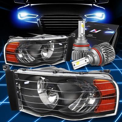 #ad Fit 2002 2005 Dodge Truck Signal Crystal Headlight Lamps W LED Slim Style Black $132.87
