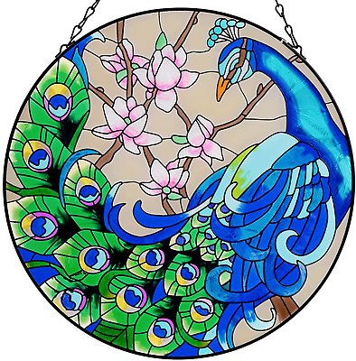 #ad VEWOGARDEN 12 Garden Peacock Handmade Painted Stained Glass Wall Window Decorati $29.99