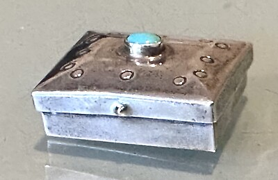 #ad Vintage Antique Mexican Etched Silver Turquoise Decor Jewelry Trinket Pill Box $80.75