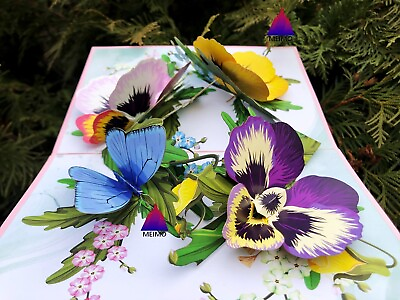 #ad 3D Pop Up Greeting Card Flower Floral Pansies Butterfly Birthday Mother Love $9.95