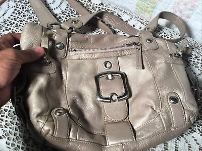 #ad BEAUTIFUL B•MAKOWSKY GREY GOLD LEATHER PURSE PASLEY LINING ZIPPERS AND BUCKLES $20.00