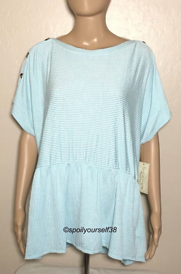 #ad French Laundry Women#x27;s Striped Blouse Short Sleeve 2X Light Blue amp; White NWT $16.99