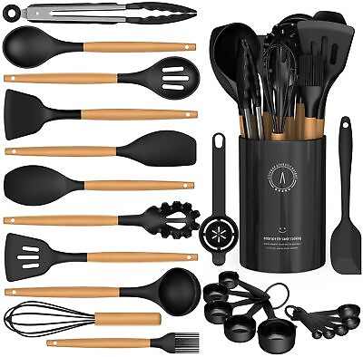 #ad Silicone Cooking Utensils Set Silicone Kitchen Utensils for Cooking Wooden ... $43.44