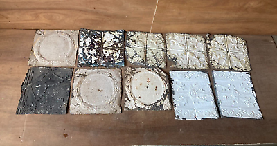 #ad 10 sq ft Antique Tin Ceiling Pieces Shabby Tile Chic Vtg Arts Crafts 82 23A $39.00