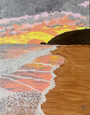 #ad Original Tropical Beach Painting Ocean Sunset Waves Hawaii $50.00