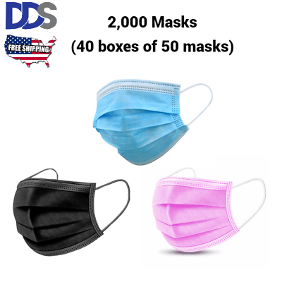 #ad 3 Ply Disposable Face Masks 2000 Masks BlueBlackPink 40 Boxes 50 Masks 90%BFE $39.99