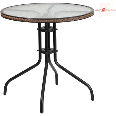 #ad Contemporary Round Glass Table with Rattan Edge Band for Indoor and Outdoor D... $72.17