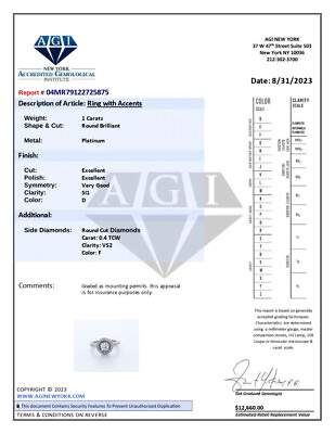 #ad 1.4ct Natural Diamond D SI1 Round Brilliant Platinum 4 Prong Halo Accent Ring $7381.50