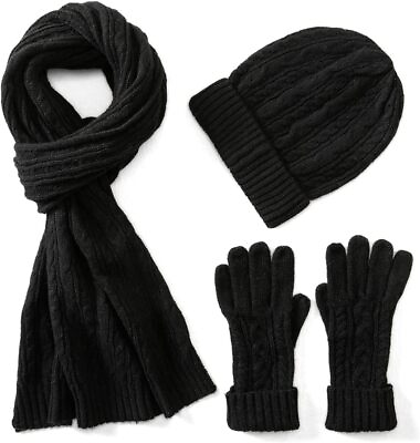 #ad 3 in 1 Womens Wool Hat Gloves amp; Scarf Winter Set 3 Piece Cable Knitted Beanie H $68.86
