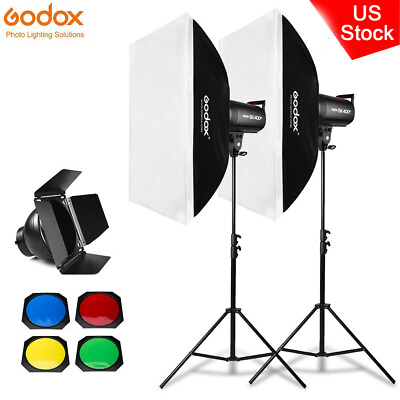 #ad US 2*Godox SK400II Studio Flash HeadBarn Door60*90cm Sofbox2m Light Stand Kit $333.70