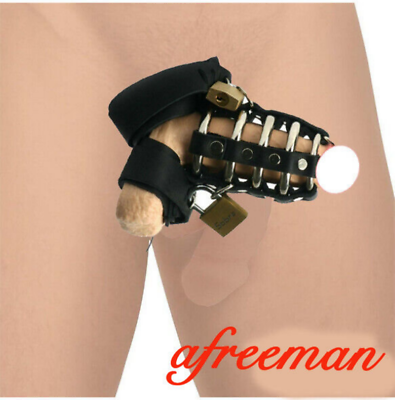 #ad Male Restraint Leather Harness Ball Scrotum Stretcher Lock Chastity Cage Device $15.01