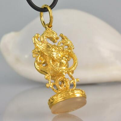 #ad Pendant Gold Vermeil Sterling White Chalcedony Dragon Fob Seal Stamp 14.64 g $186.00