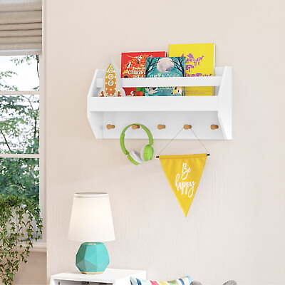 #ad Kids Catch All Wall Shelf with Bookrack and Hooks – White $29.21