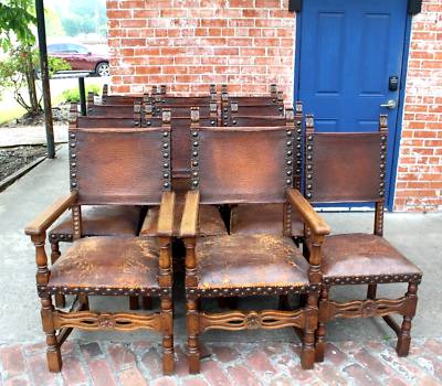 #ad Set of 12 French Antique Renaissance Oak Wood Leather Chairs $4000.00